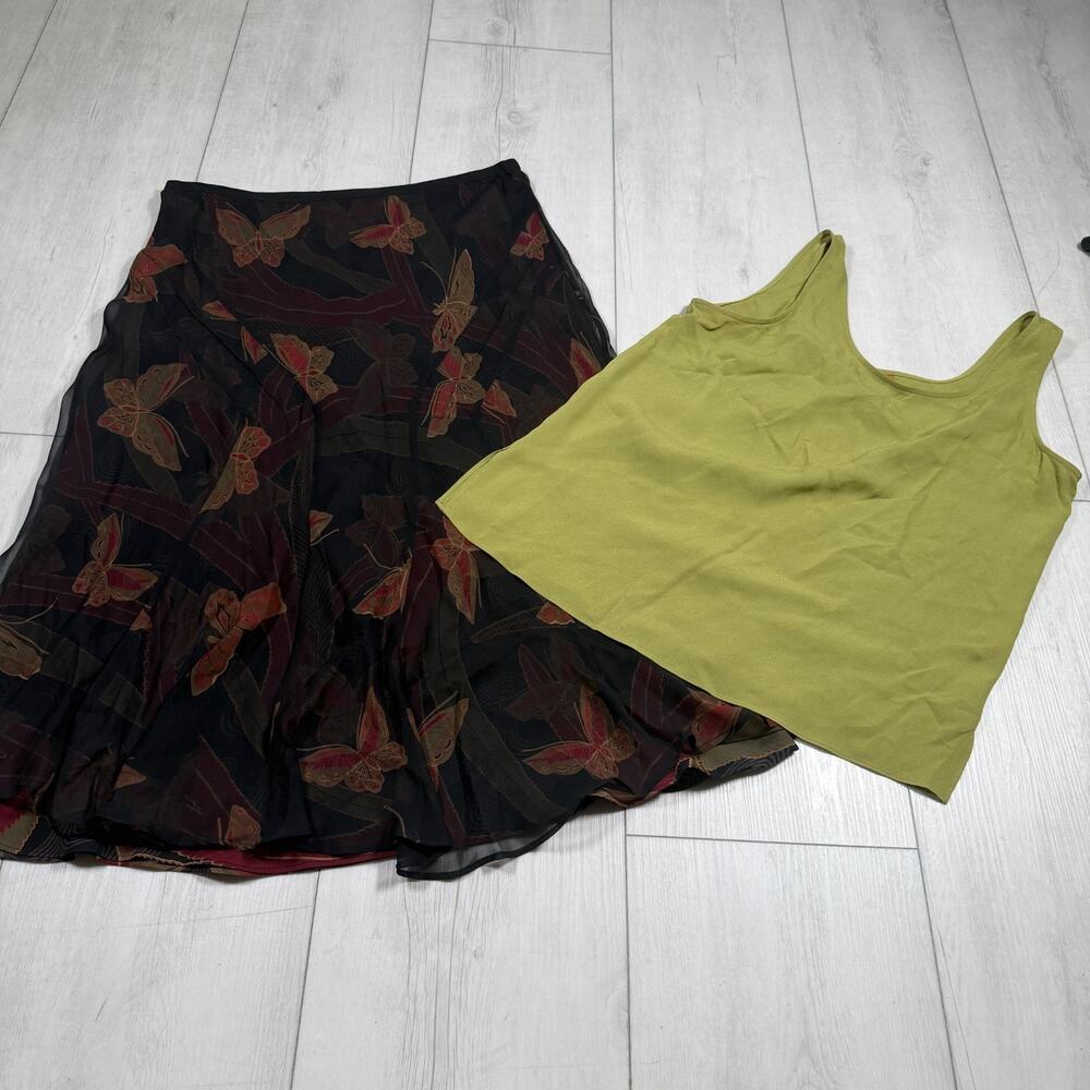 Harari 100% Silk 2 Piece Set Top Skirt Butterfly Women's Small Green Black Boho